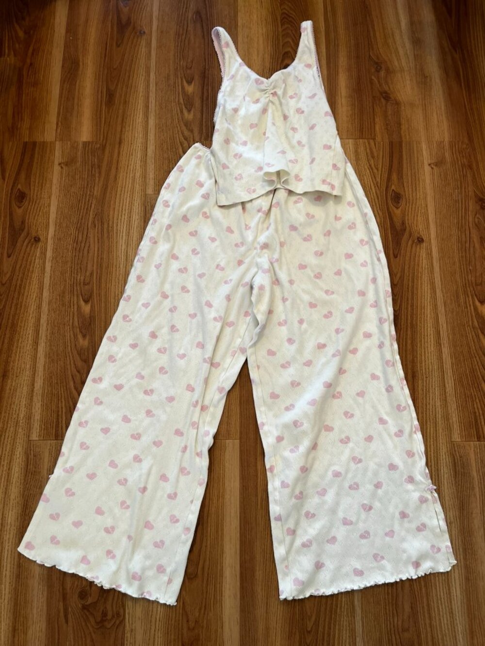 Messy Bun Just Chillin Woman's 100% Pink/Cream Cotton Heart Pajama Set Sz Lr